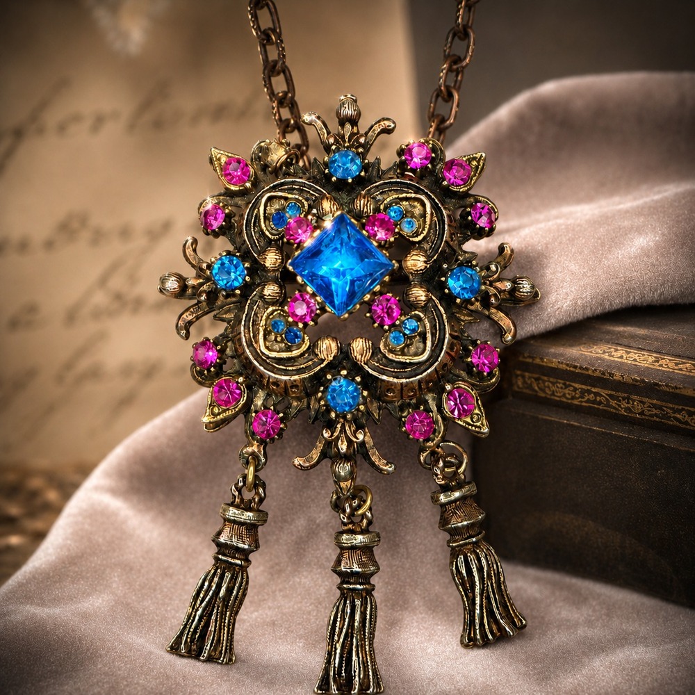 Vintage Rhinestone Brooch Necklace Blue Pink Tassel Dangle Statement 26 inch